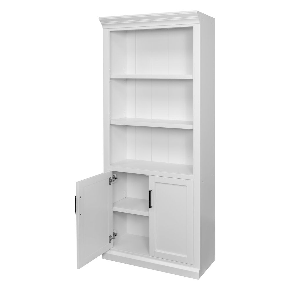 Modern Wood Lower Doors Bookcase, Fully Assembled, 3 Adjustable Shelves, White