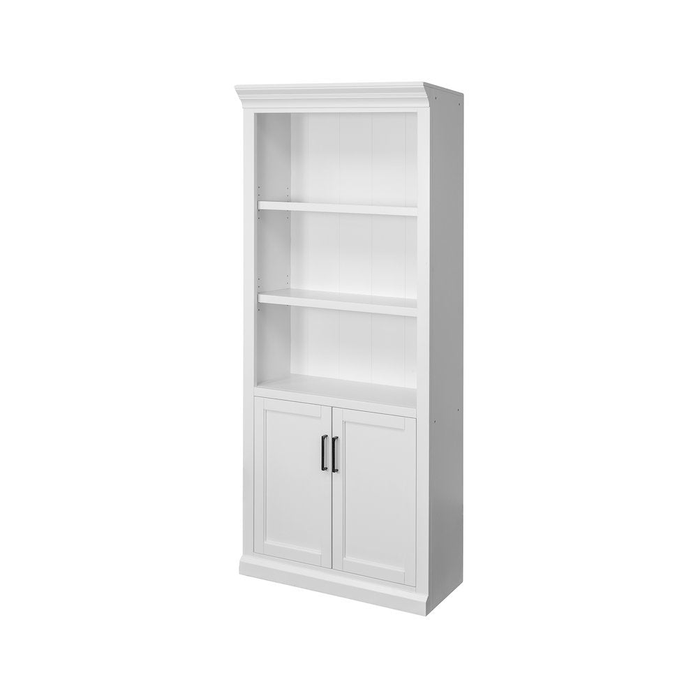 Modern Wood Lower Doors Bookcase, Fully Assembled, 3 Adjustable Shelves, White