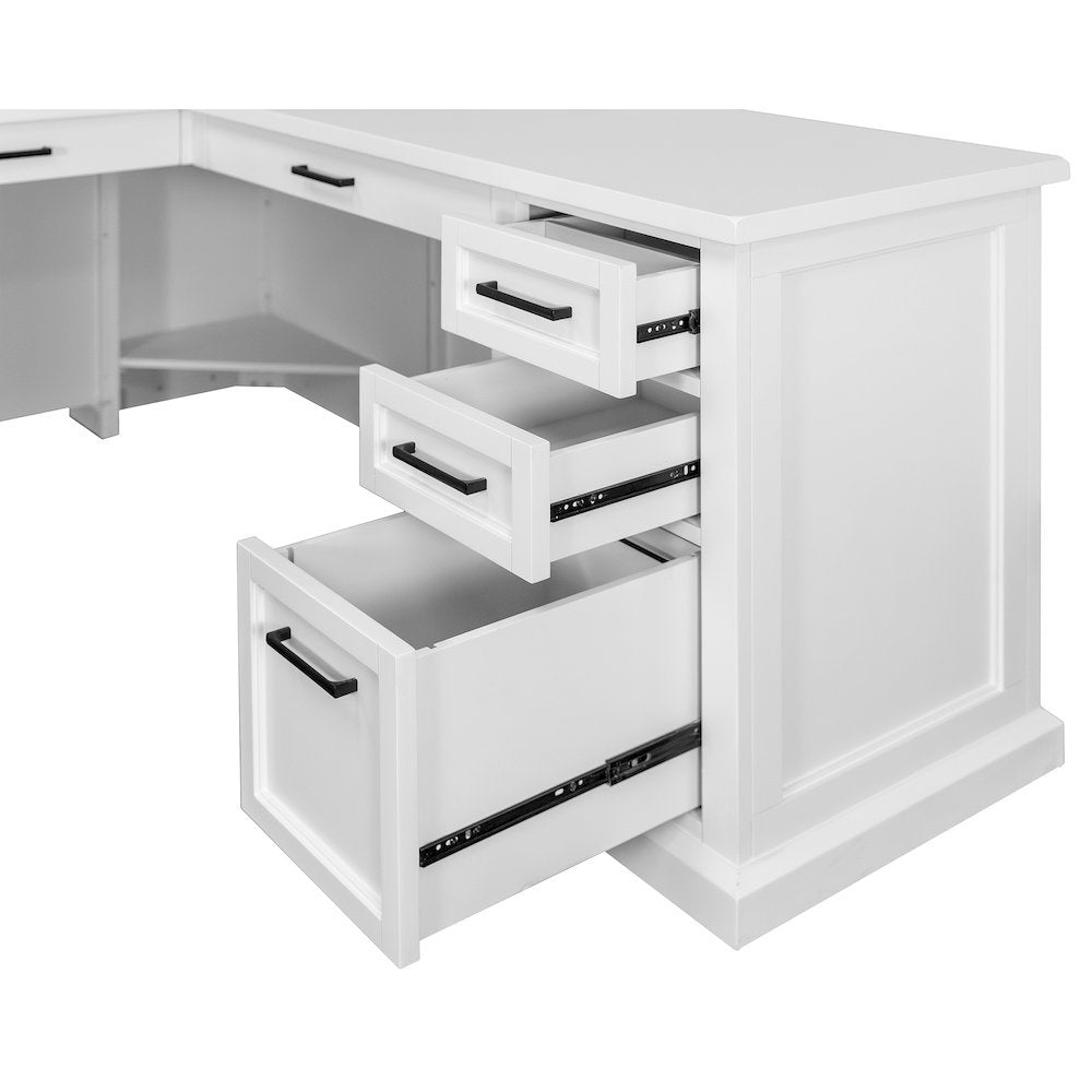 Wood L-Desk & Return, 6 Drawers, 2 Locking Files, Power Center, White