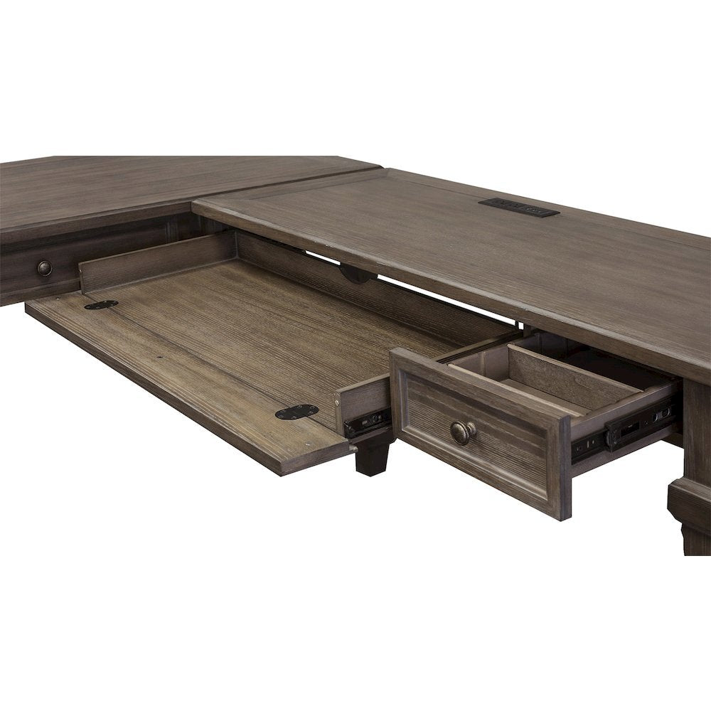 Wood Open L-Desk & Return, 2 Drawers, Center Pencil Drawer, Gray