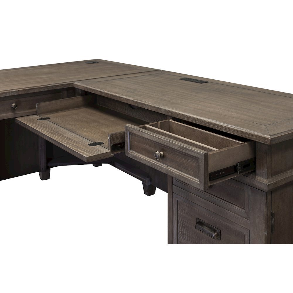 Wood L-Desk & Return, 5 Drawers, 2 File Drawers, Power Center, Gray