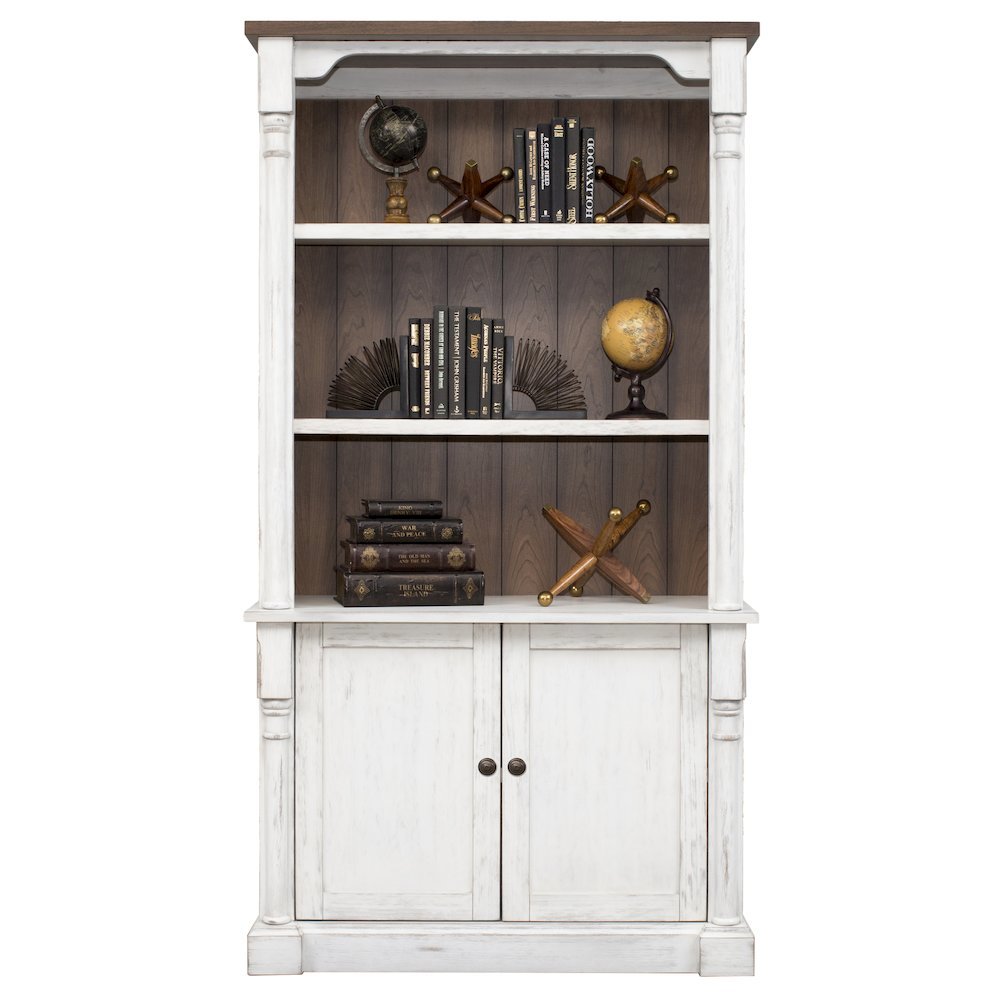 Rustic Wood Bookcase With Doors, 3 Adjustable Shelves, Fixed Shelf, White/Cherry