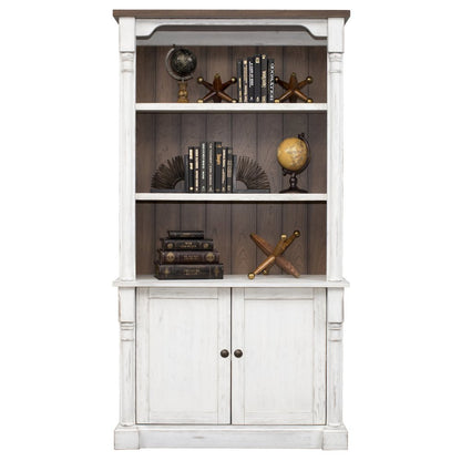 Rustic Wood Bookcase With Doors, 3 Adjustable Shelves, Fixed Shelf, White/Cherry
