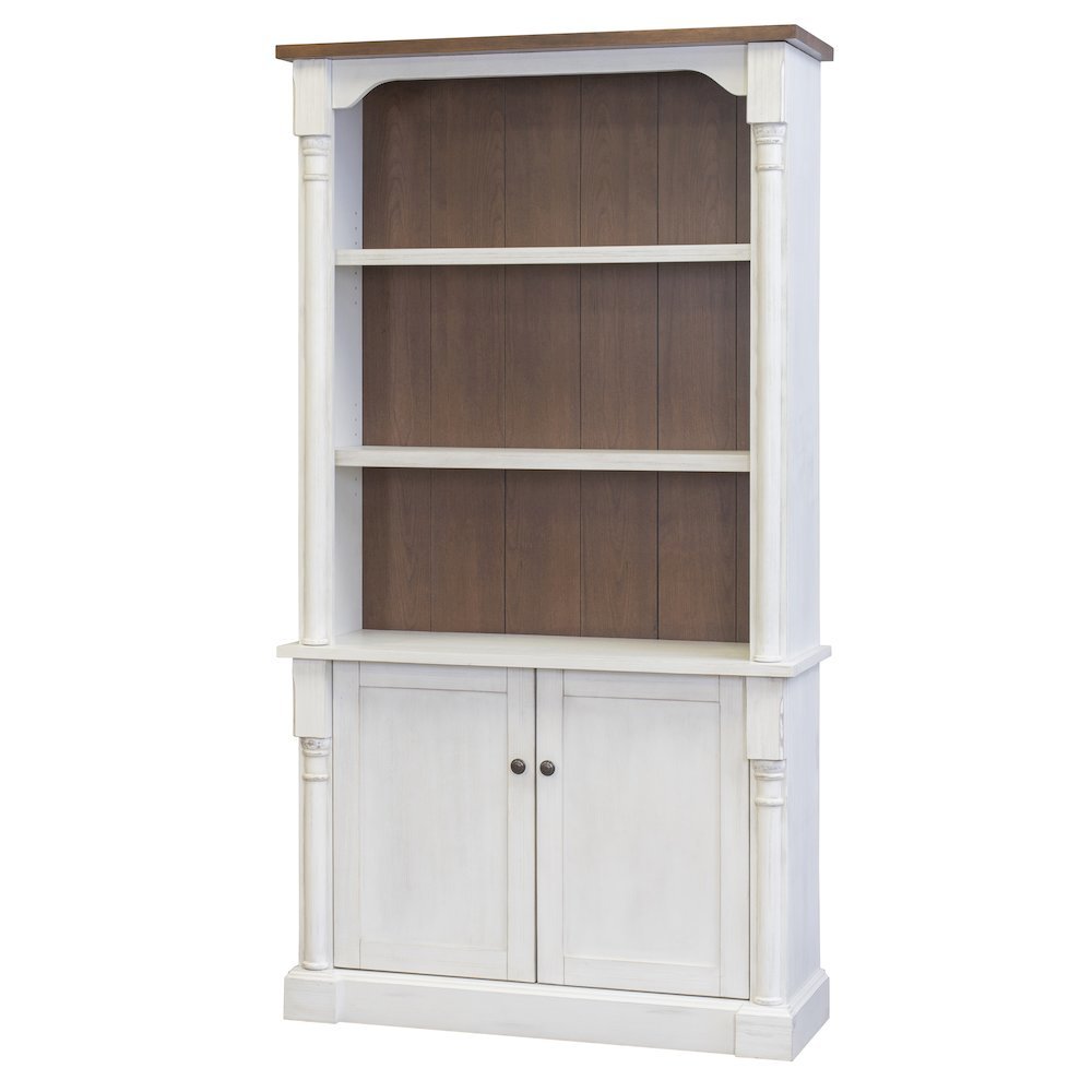 Rustic Wood Bookcase With Doors, 3 Adjustable Shelves, Fixed Shelf, White/Cherry