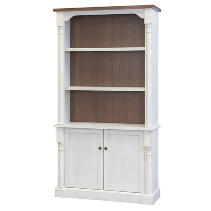 Rustic Wood Bookcase With Doors, 3 Adjustable Shelves, Fixed Shelf, White/Cherry