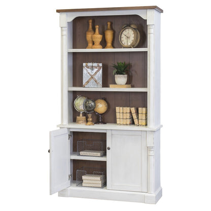 Rustic Wood Bookcase With Doors, 3 Adjustable Shelves, Fixed Shelf, White/Cherry
