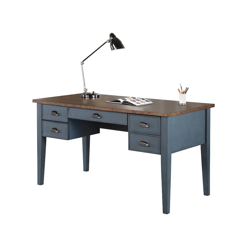 Farmhouse Half Pedestal Executive Desk, 4 Drawers, Power Center, Blue