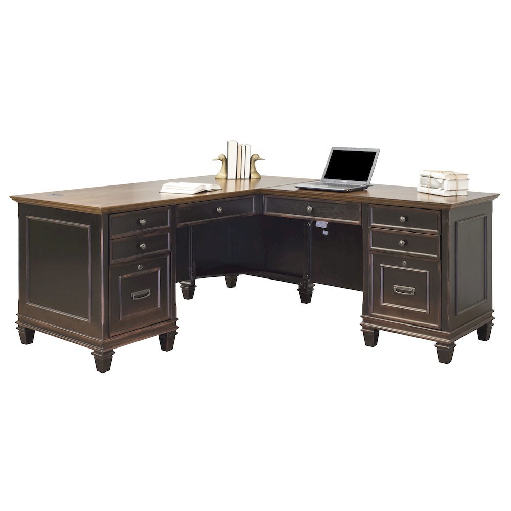L-Desk & Return, 8 Drawers, Locking File, Brown