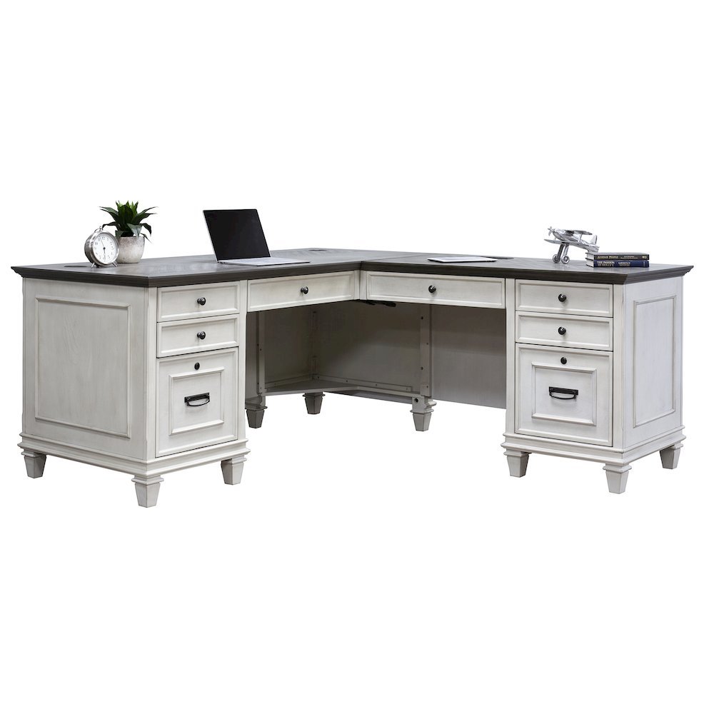 Wood L-Desk & Return, 8 Drawers, 2 Locking Files, Power Center, White