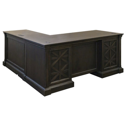 Wood L-Desk & Return, 8 Drawers, 2 Locking Files, Power Center, Brown
