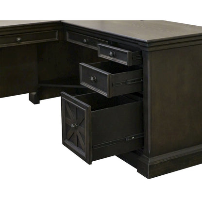 Wood L-Desk & Return, 8 Drawers, 2 Locking Files, Power Center, Brown