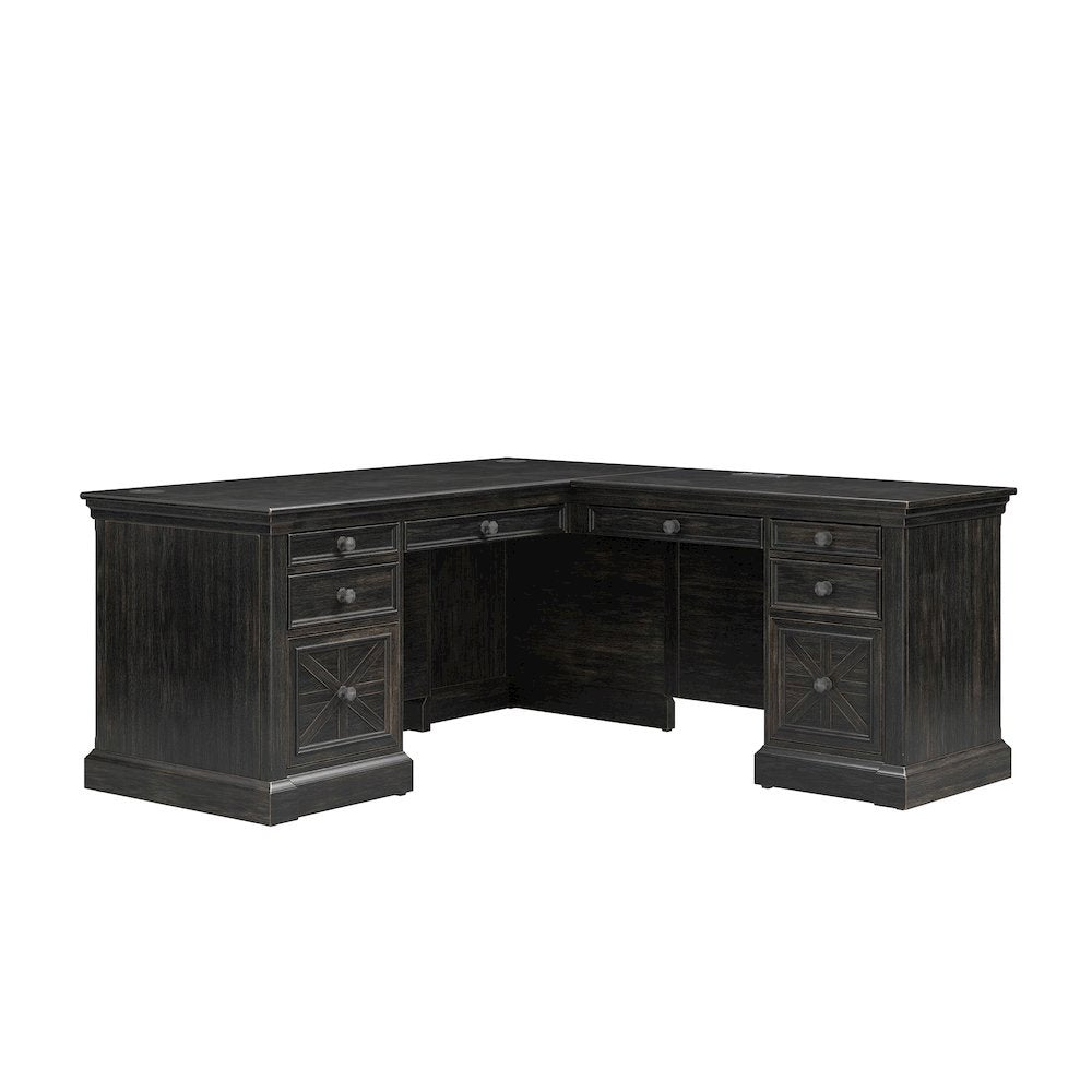 Wood L-Desk & Return, 8 Drawers, 2 Locking Files, Power Center, Brown