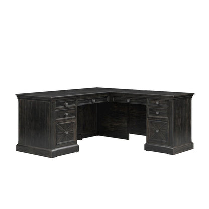 Wood L-Desk & Return, 8 Drawers, 2 Locking Files, Power Center, Brown