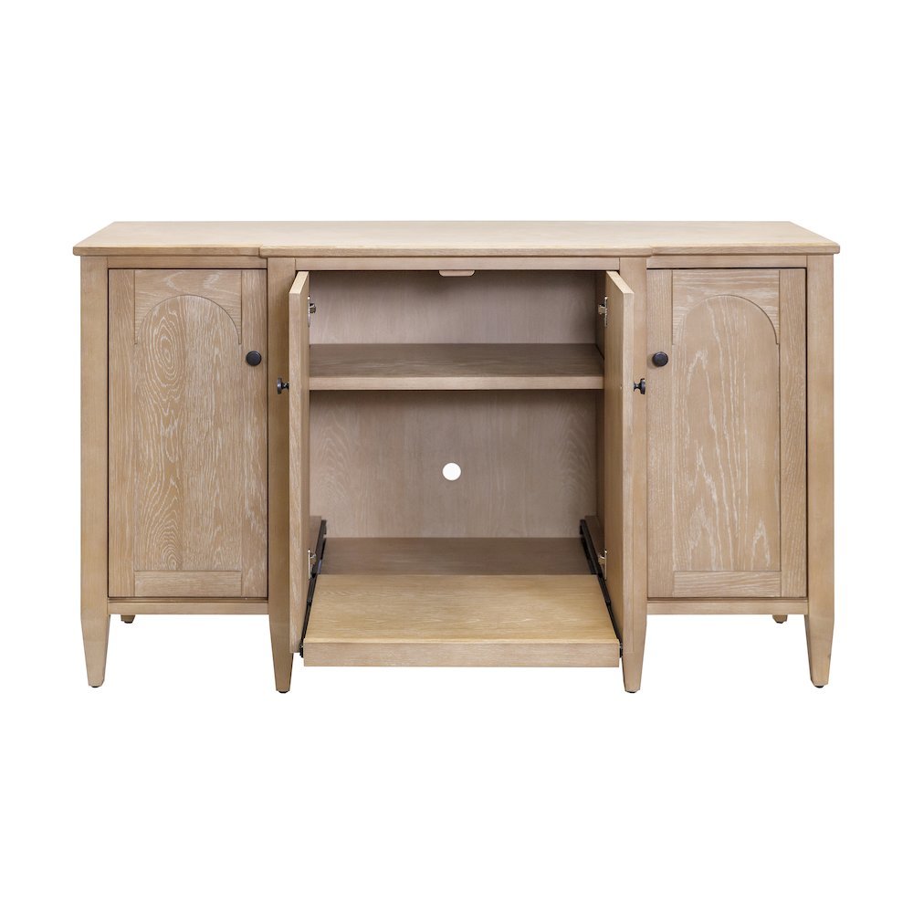 Wood Console Cabinet, 4 Doors, Pull-Out Shelf, Fully Assembled, Brown