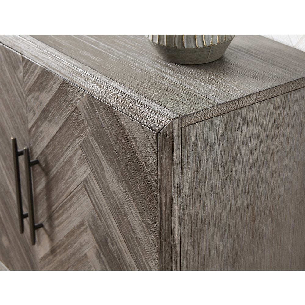 80 Inch Four Door TV Console, Distressed Gray, Herringbone, 2 Shelves