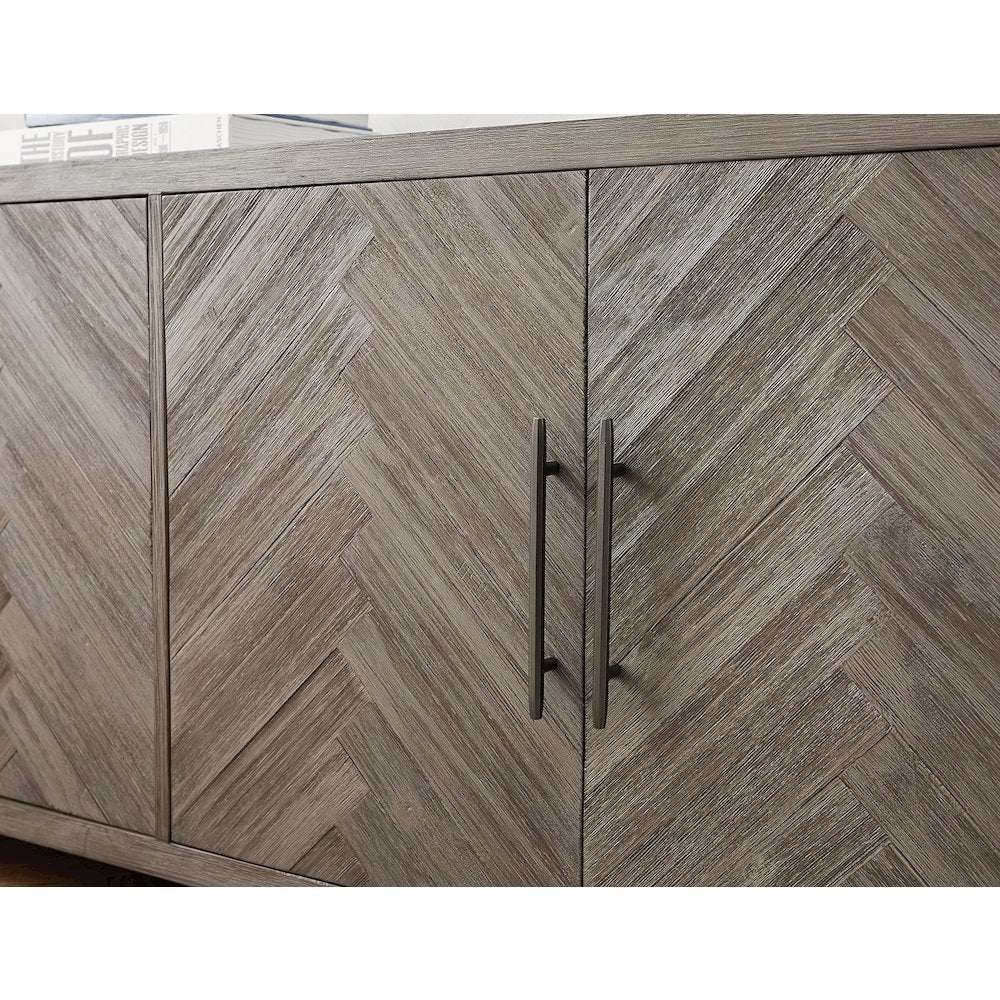 80 Inch Four Door TV Console, Distressed Gray, Herringbone, 2 Shelves