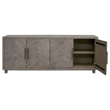 80 Inch Four Door TV Console, Distressed Gray, Herringbone, 2 Shelves