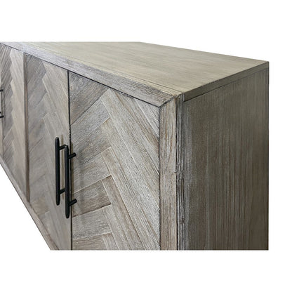 90 Inch Six Door Console, Distressed Gray, Herringbone, 3 Shelves
