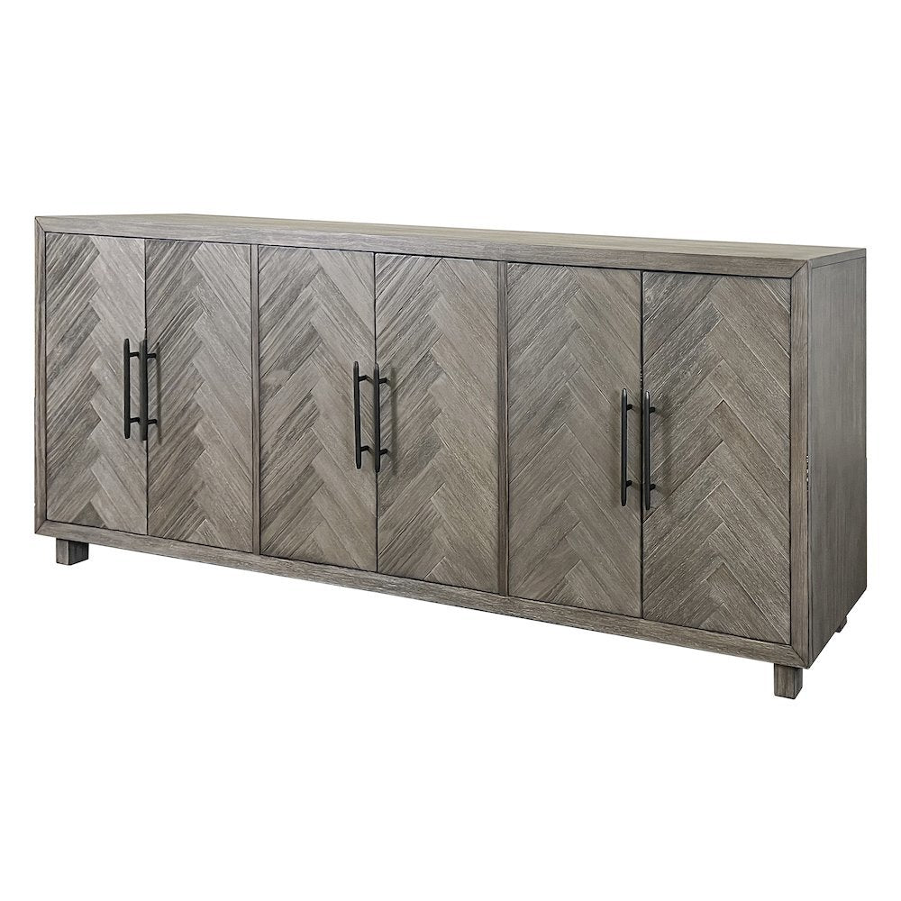 90 Inch Six Door Console, Distressed Gray, Herringbone, 3 Shelves