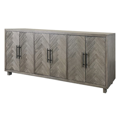 90 Inch Six Door Console, Distressed Gray, Herringbone, 3 Shelves