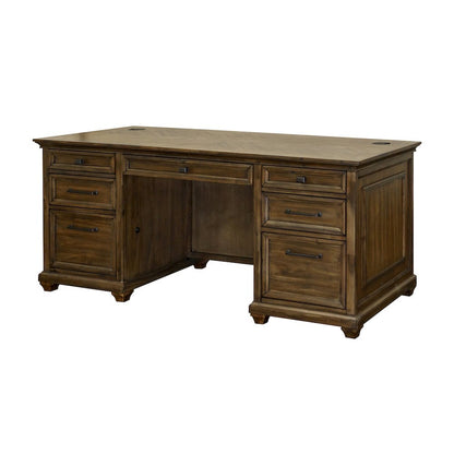 Wood Double Pedestal Desk, 7 Drawers, Locking File, Brown