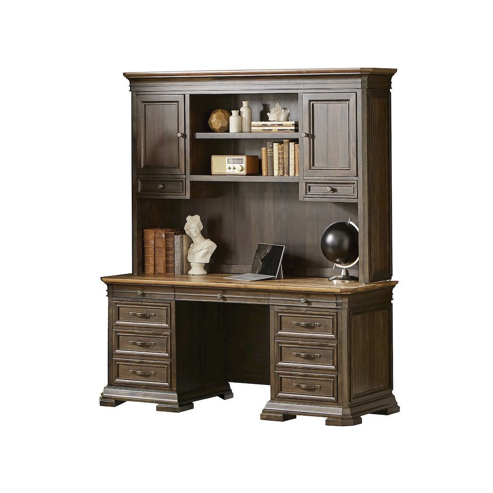 Executive Desk Hutch with Wood Doors, Adjustable Shelves, Brown