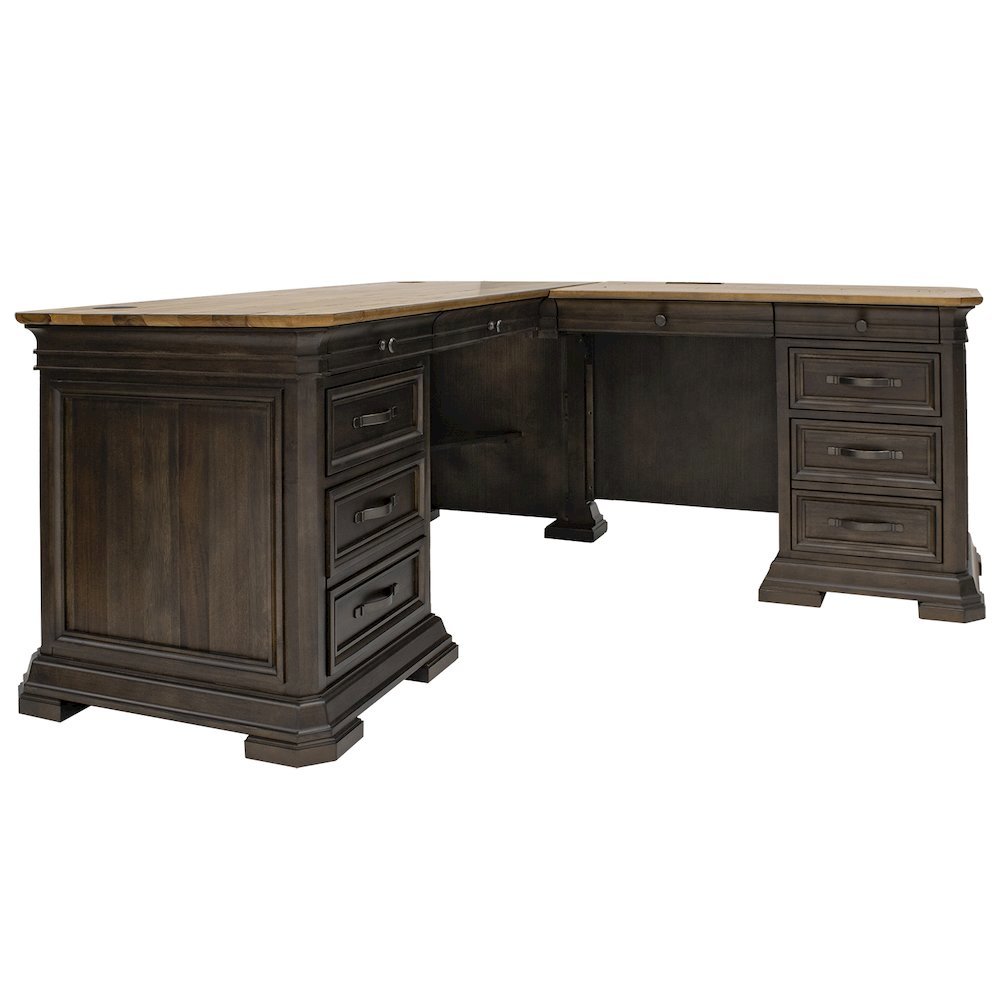 L-Desk & Return, 4 Drawers, 2 Files, Wire Management, Brown