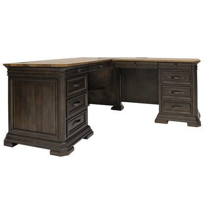 L-Desk & Return, 4 Drawers, 2 Files, Wire Management, Brown