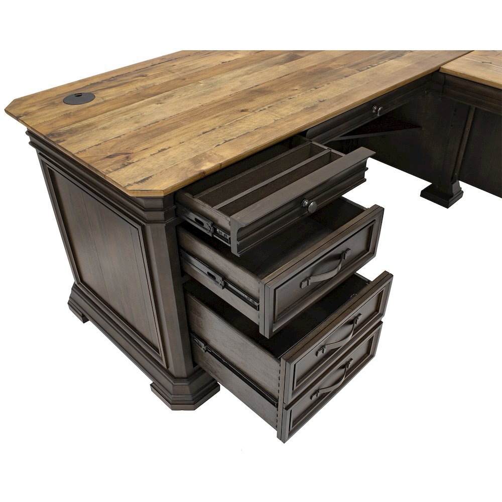 L-Desk & Return, 4 Drawers, 2 Files, Wire Management, Brown