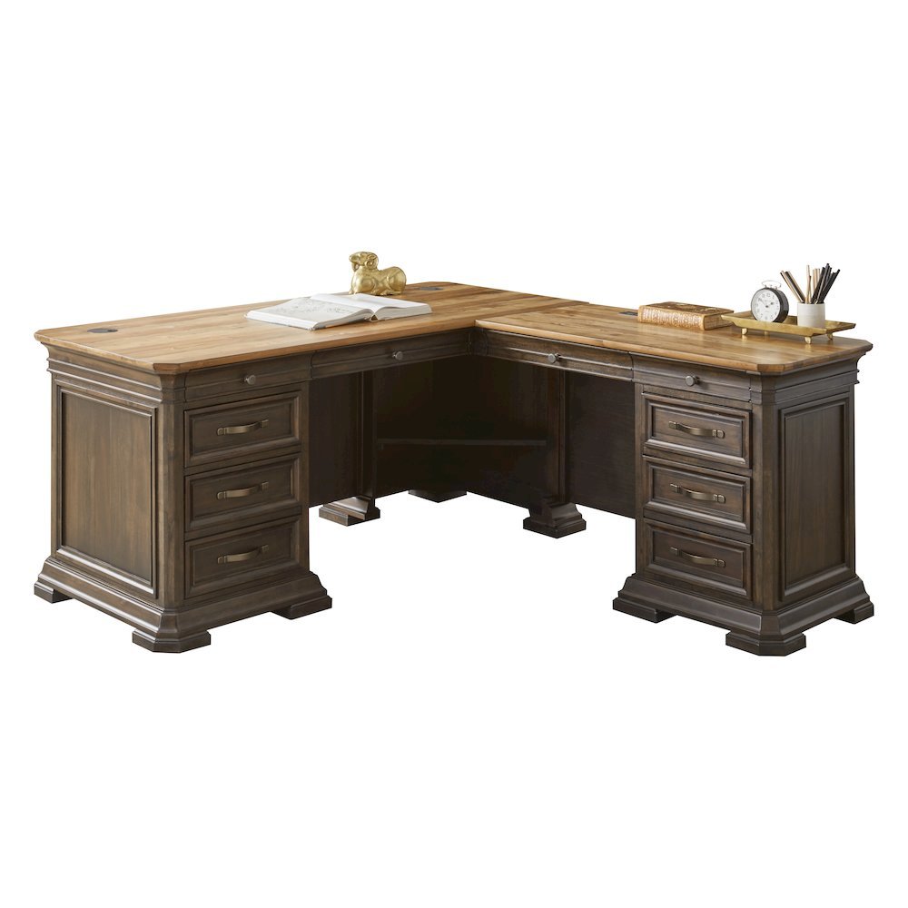 L-Desk & Return, 4 Drawers, 2 Files, Wire Management, Brown