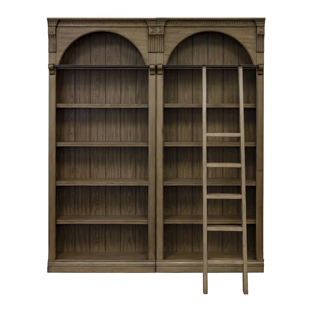 8 Foot Bookcase Wall, Ladder, Adjustable Shelves, Brown