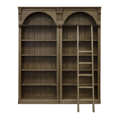 8 Foot Bookcase Wall, Ladder, Adjustable Shelves, Brown