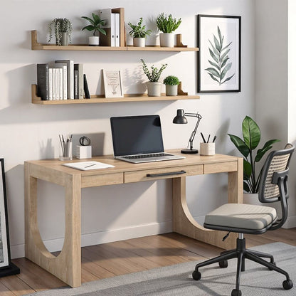 Modern Light Brown Desk – 55 Inch Computer Desk With Long Table Design