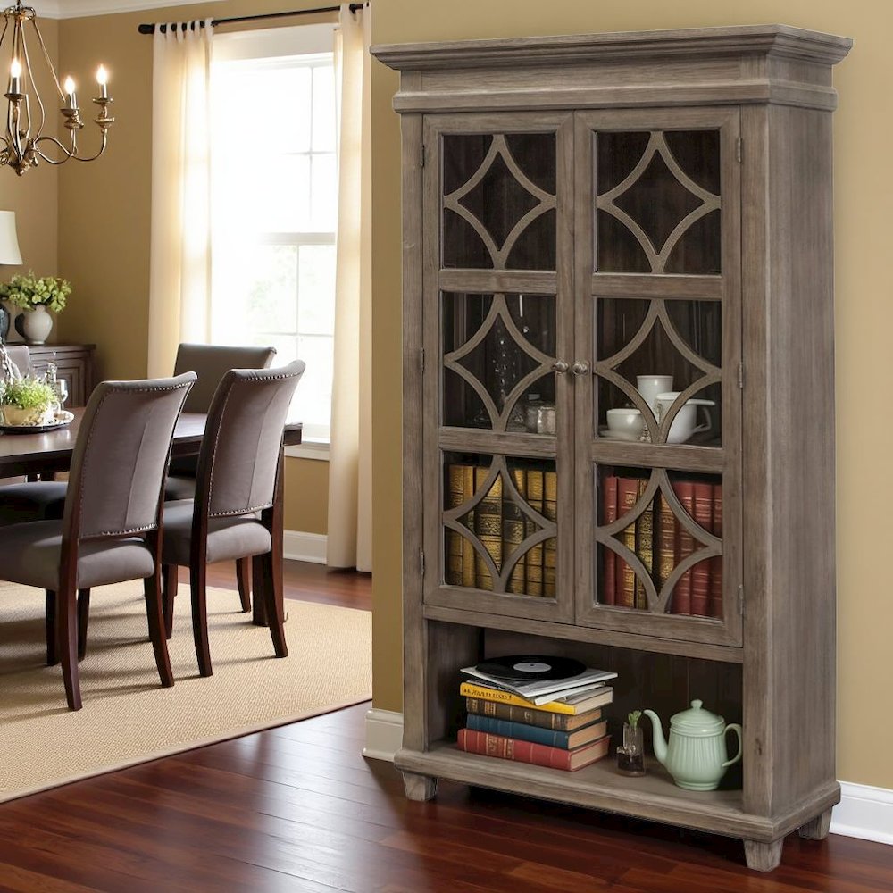 Gray Bookcase with Glass Doors and Storage Cabinet for Display