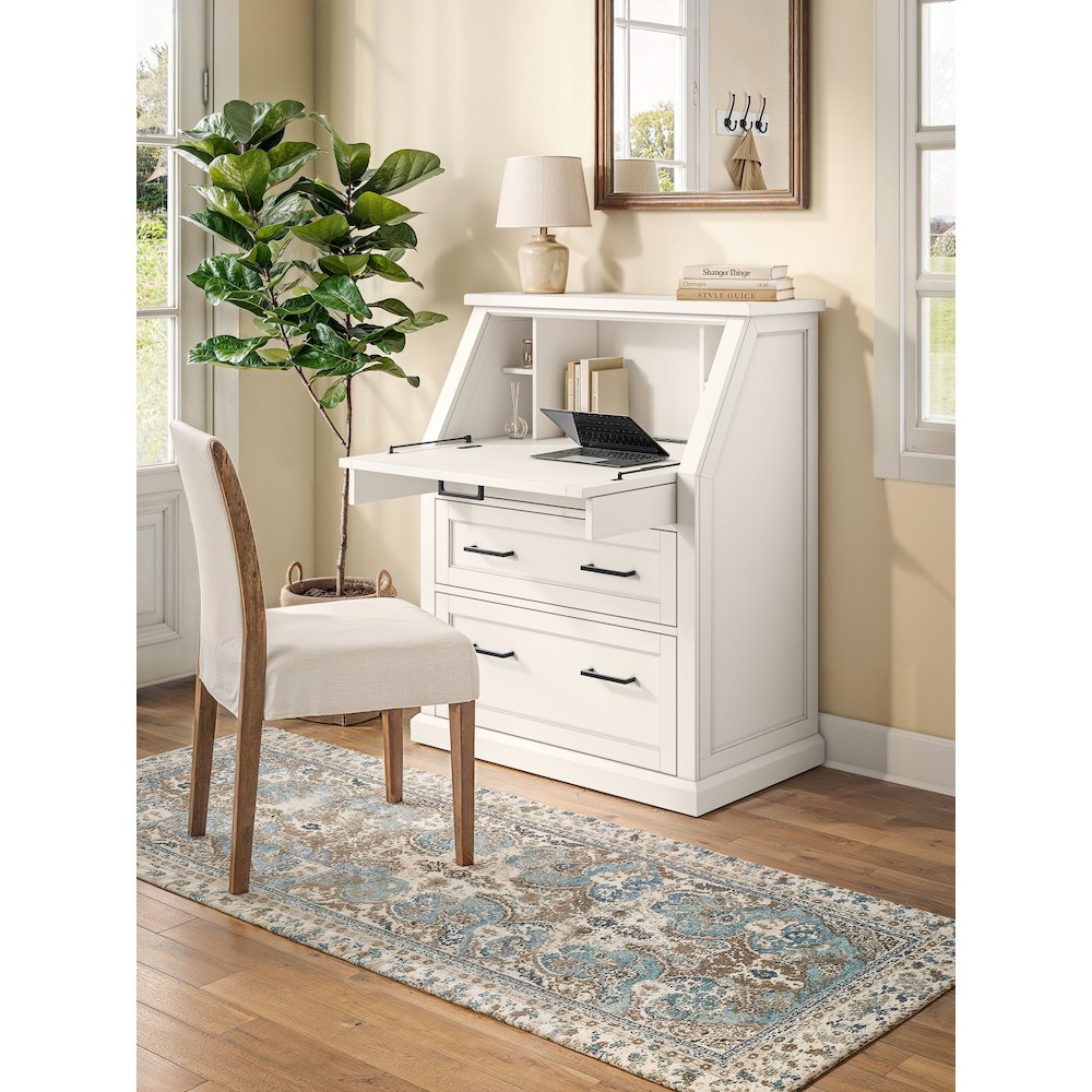 Modern Wood Drop-Lid Secretary Desk, Fully Assembled, White