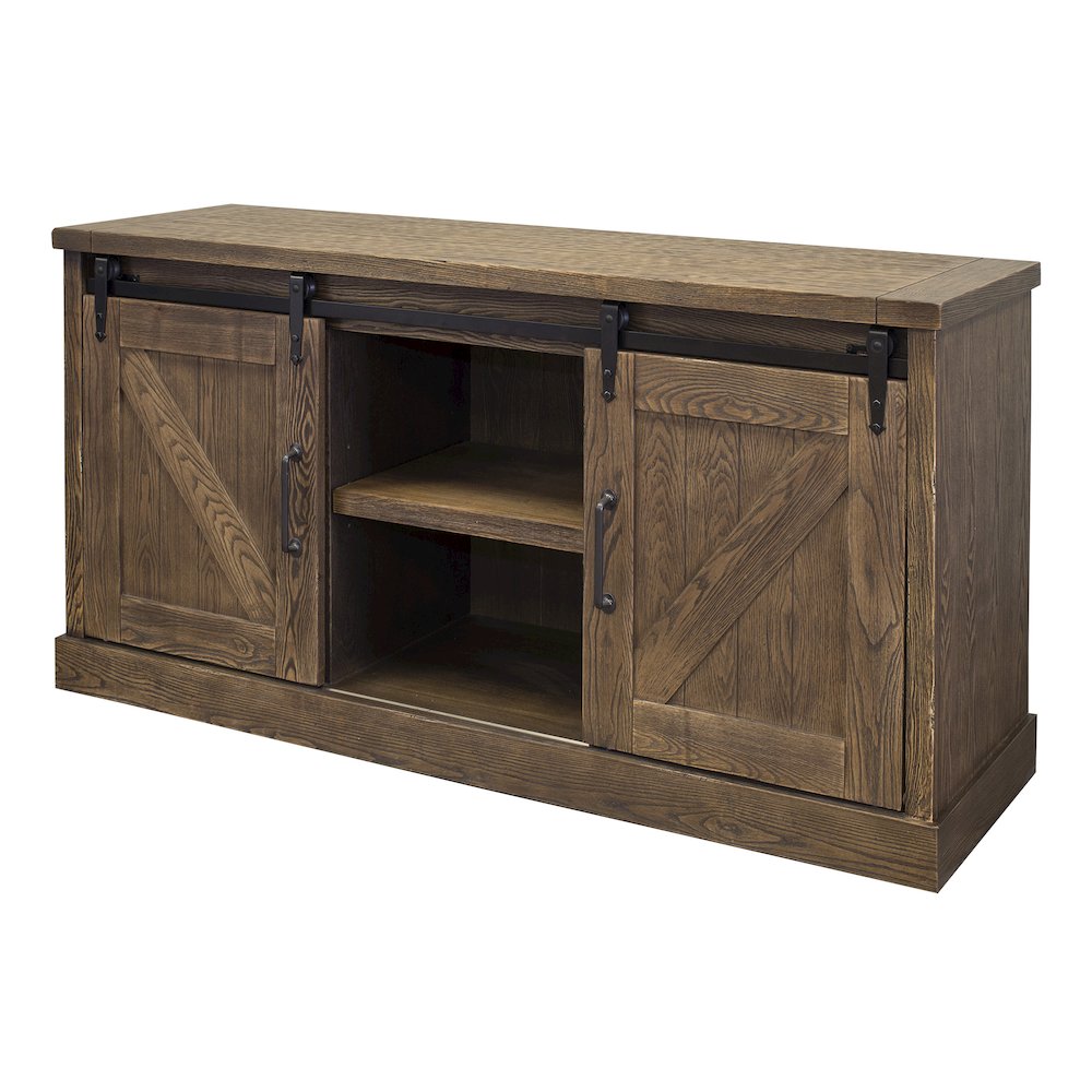 60" TV Console, Barn Door Entertainment Stand, Wood Accent Cabinet, Brown