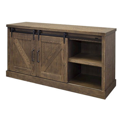 60" TV Console, Barn Door Entertainment Stand, Wood Accent Cabinet, Brown