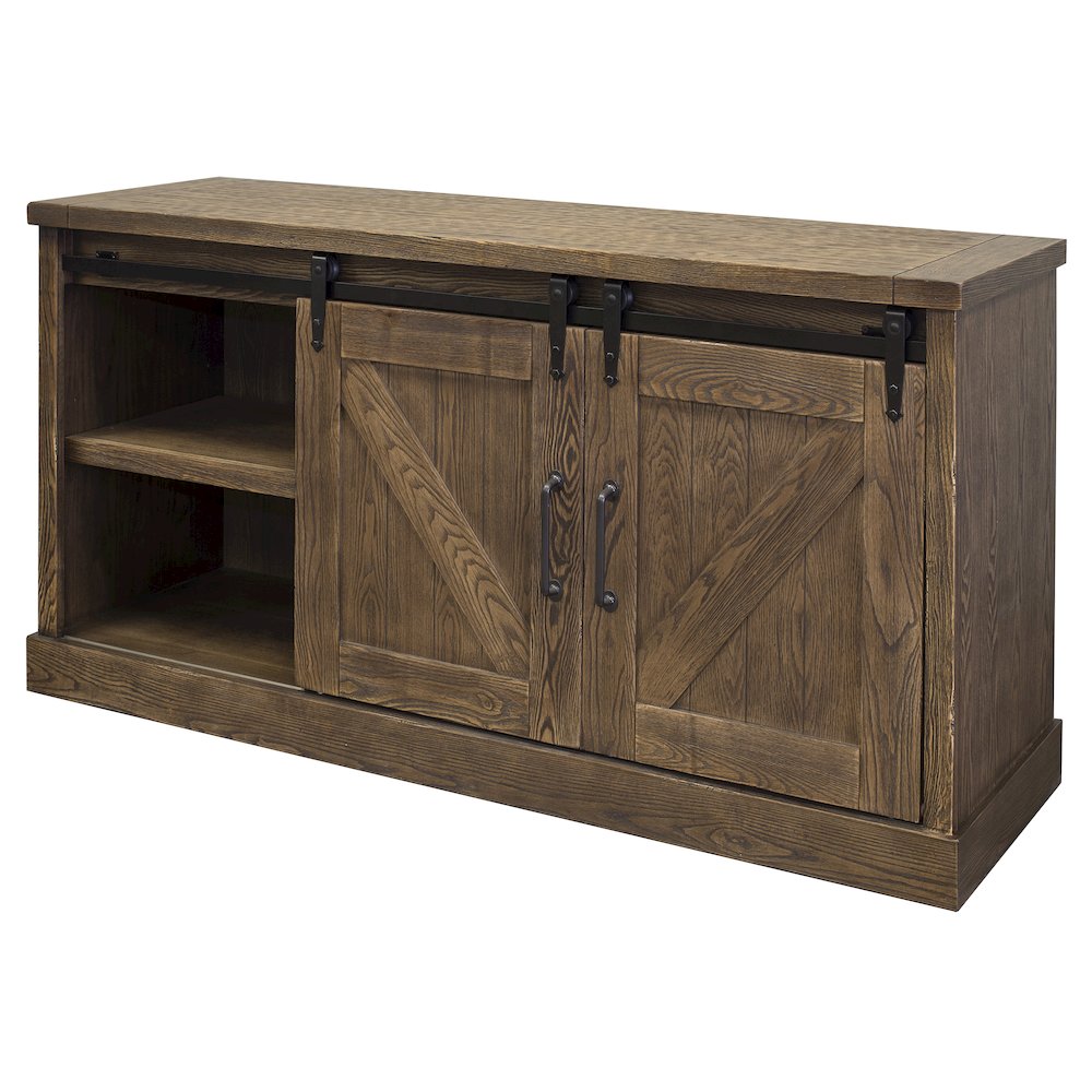 60" TV Console, Barn Door Entertainment Stand, Wood Accent Cabinet, Brown