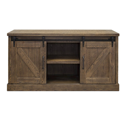 60" TV Console, Barn Door Entertainment Stand, Wood Accent Cabinet, Brown