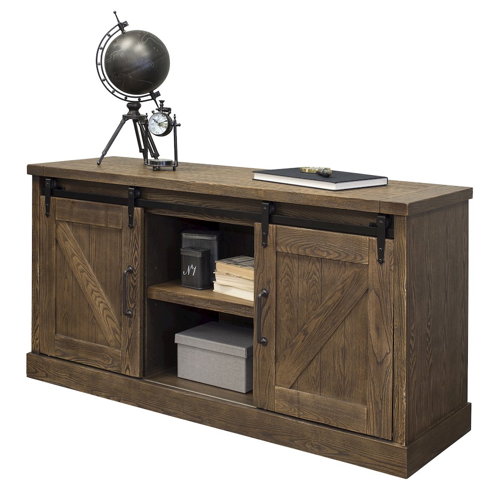 60" TV Console, Barn Door Entertainment Stand, Wood Accent Cabinet, Brown