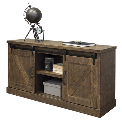 60" TV Console, Barn Door Entertainment Stand, Wood Accent Cabinet, Brown