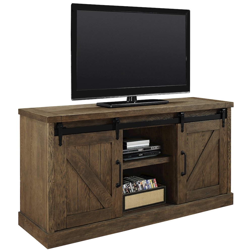 60" TV Console, Barn Door Entertainment Stand, Wood Accent Cabinet, Brown