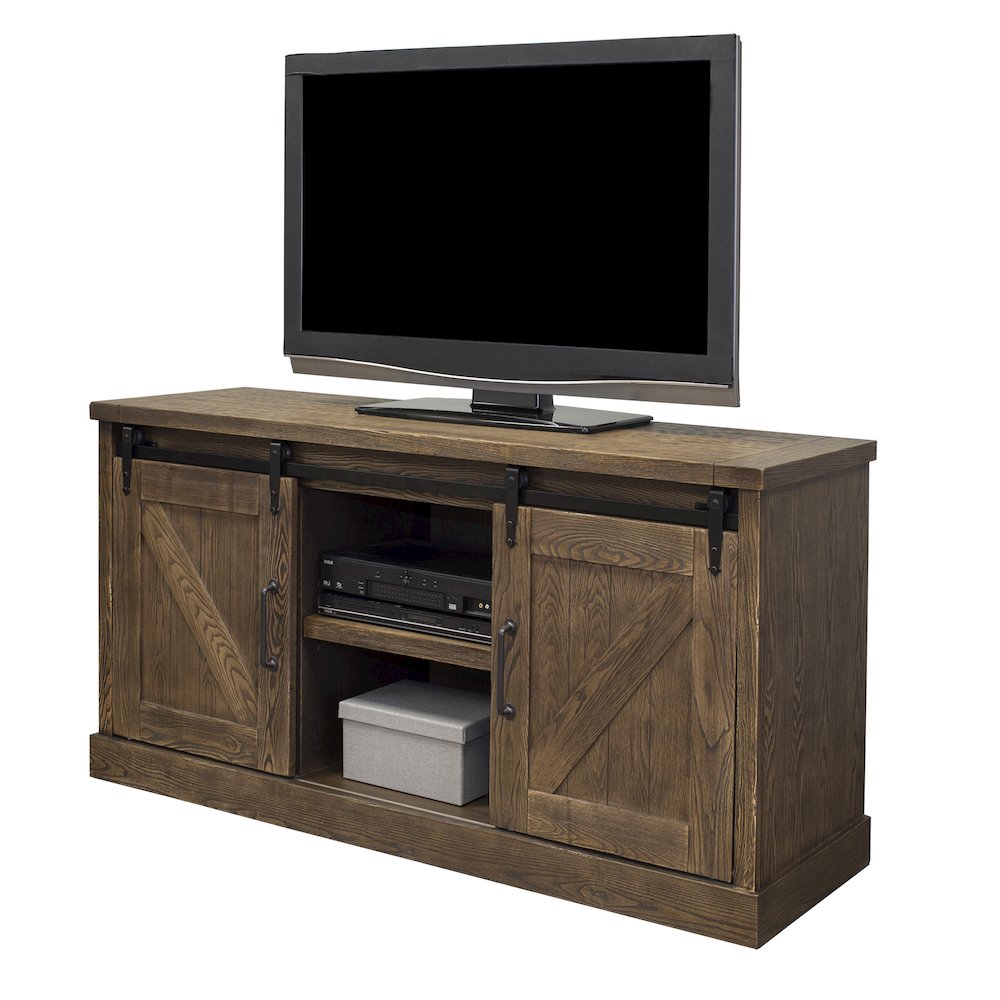 60" TV Console, Barn Door Entertainment Stand, Wood Accent Cabinet, Brown