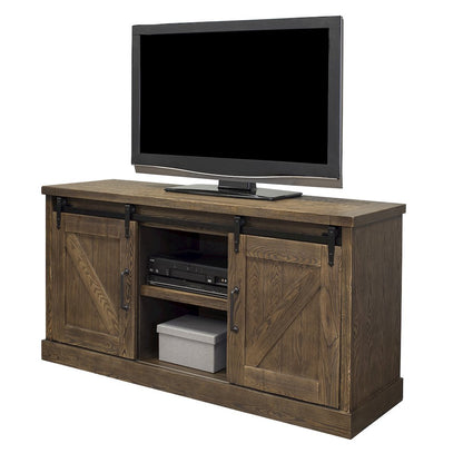 60" TV Console, Barn Door Entertainment Stand, Wood Accent Cabinet, Brown