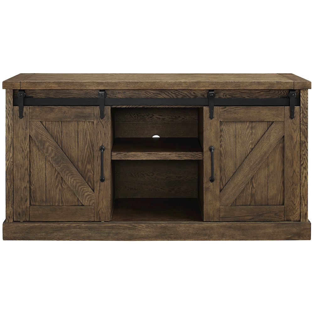 60" TV Console, Barn Door Entertainment Stand, Wood Accent Cabinet, Brown