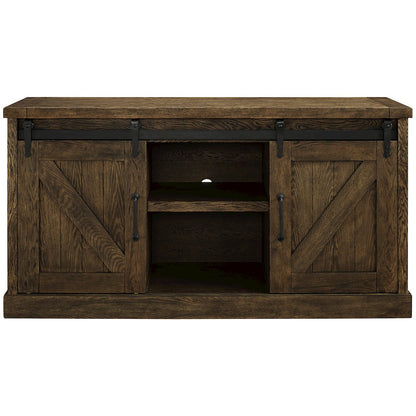 60" TV Console, Barn Door Entertainment Stand, Wood Accent Cabinet, Brown
