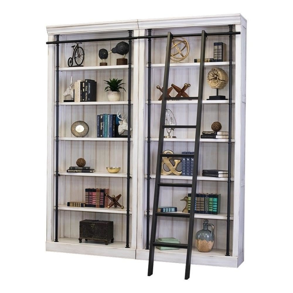 Wood Tall Bookshelf Wall with Ladder and, White weathered oak finish, 80 Inch