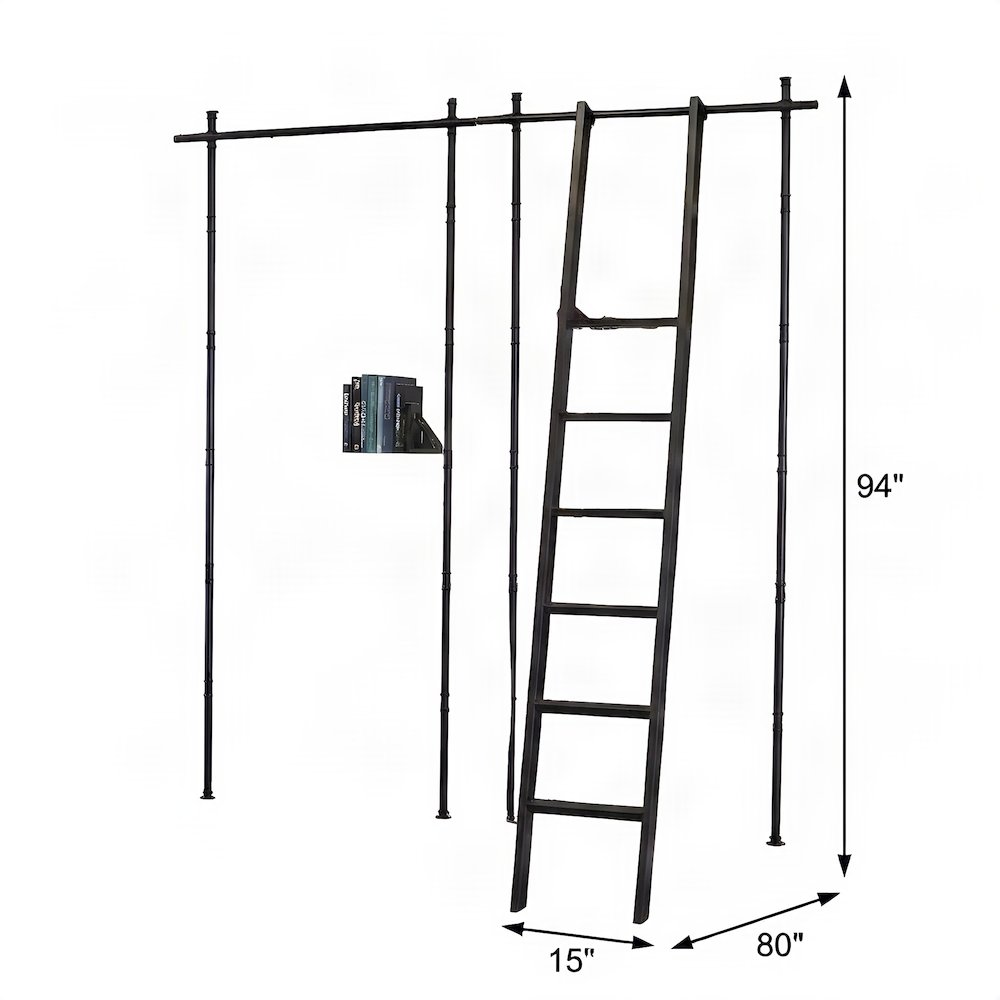 Wood Tall Bookshelf Wall with Ladder and, White weathered oak finish, 80 Inch