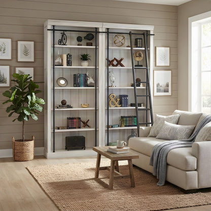 Wood Tall Bookshelf Wall with Ladder and, White weathered oak finish, 80 Inch