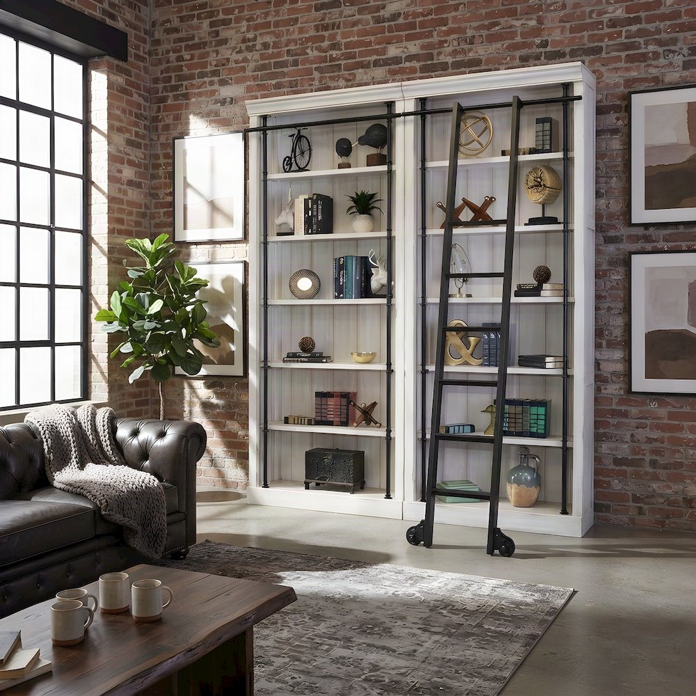 Wood Tall Bookshelf Wall with Ladder and, White weathered oak finish, 80 Inch